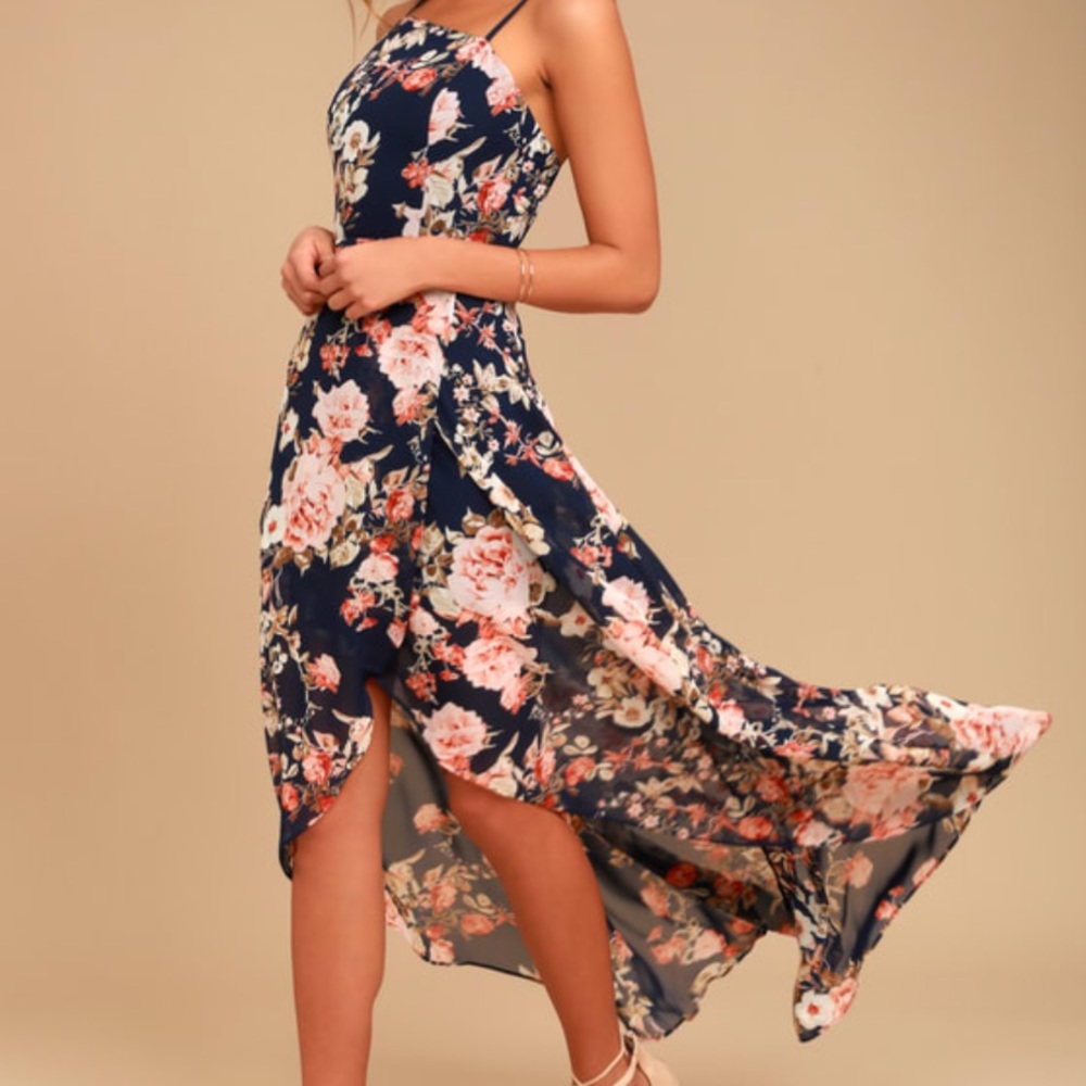 Lulus Navy Blue Floral Print High-Low Dress